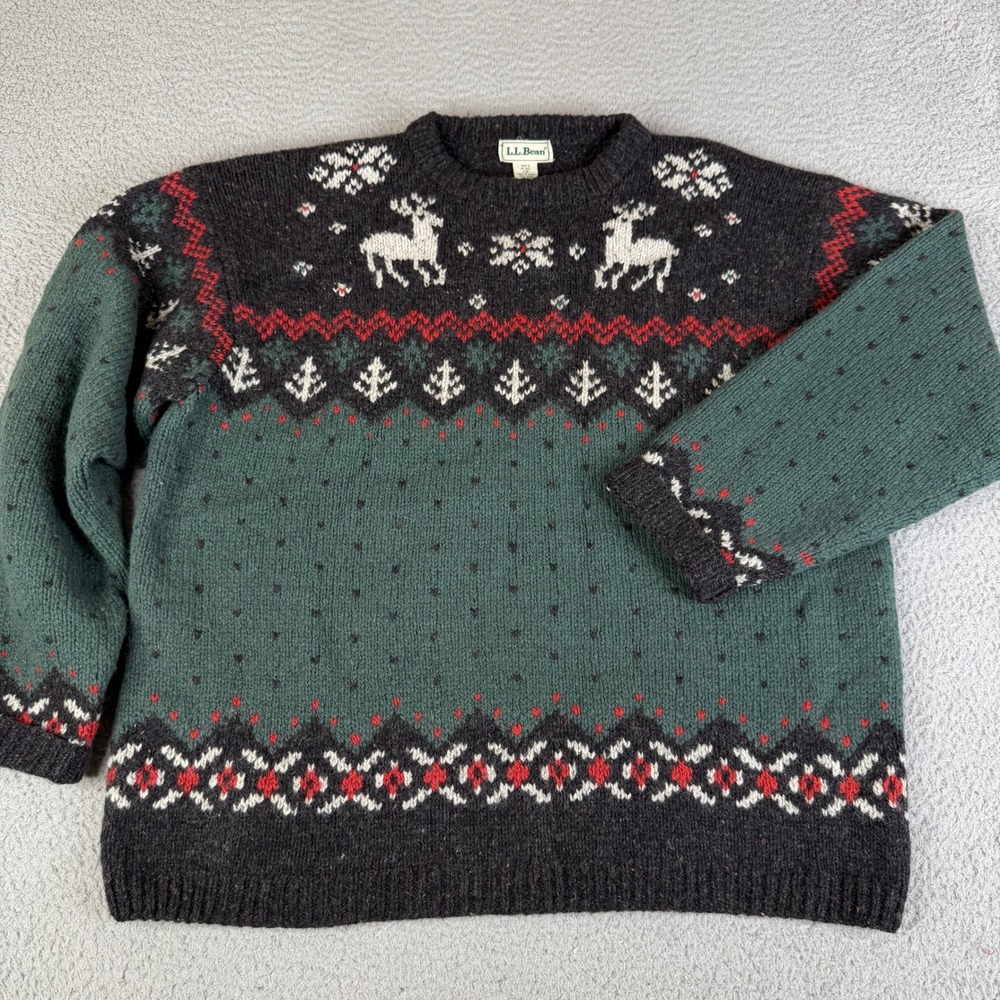 LL Bean Sweater Mens L Green Fair Isle Knit Reindeer Wool Silk Crewneck Nordic